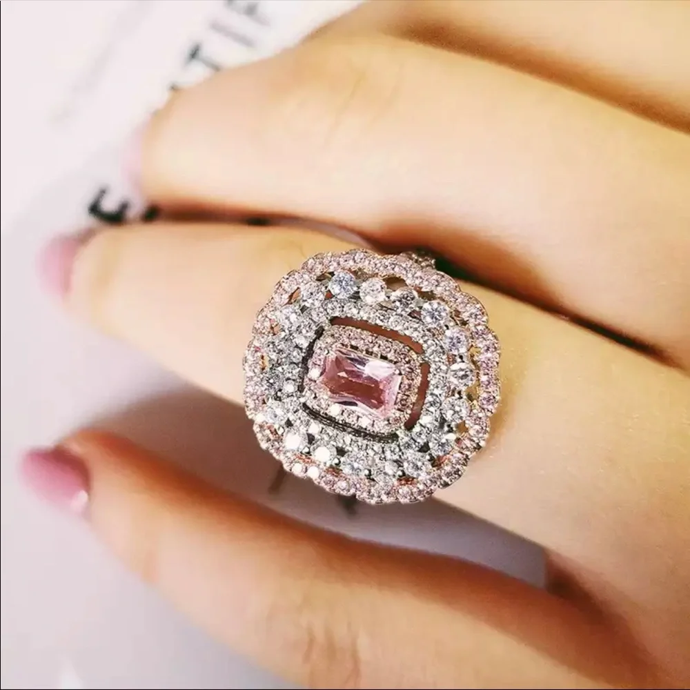 New 925 Silver pink multi color princess cut zircon engagement ring - Picture 1 of 5
